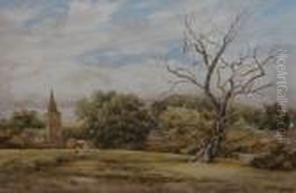 ' Newton Linford In Leicester ' - Field With Figures, Church And
 Trees Oil Painting by James Orrock