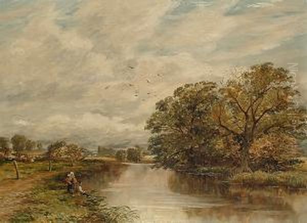 Figures Fishing By A River Oil Painting by James Orrock