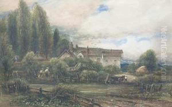 Figures Beside An Old Mill In A Woodland Landscape Oil Painting by James Orrock