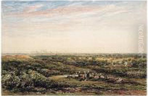 Stags In Bradgate Park, With The City Of Leicester In The Distance Oil Painting by James Orrock