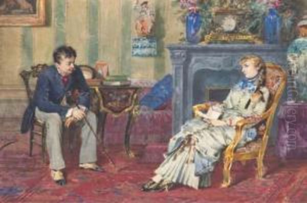 Un Couple Assis Dans Un Interieur, La Femme Tenant Une Lettre Oil Painting by Arturo Orselli