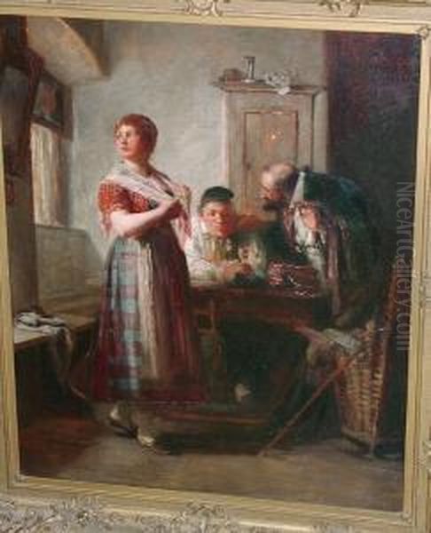 A Shawl Seller In An Interior Oil Painting by Friedrich Ortlieb