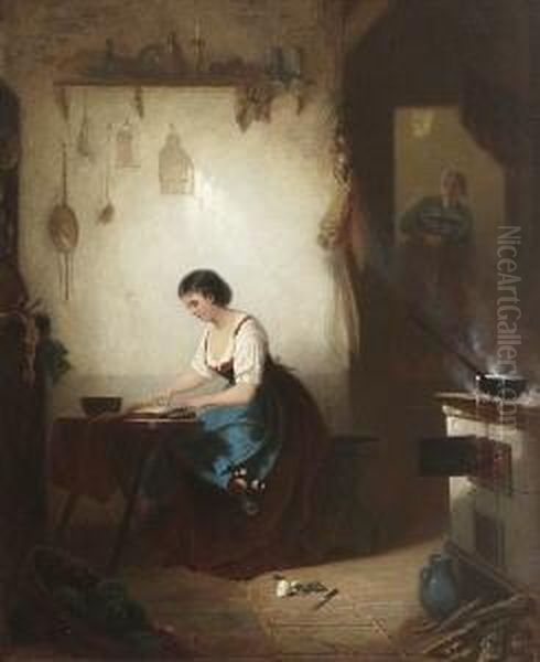 Junge Zitherspielerin In Der
 Stube. Oil Painting by Friedrich Ortlieb