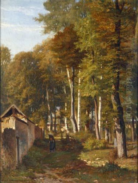 Reisigsammlerinin Einem Sonnendurchfluteten Herbstwald Oil Painting by Francois Auguste Ortmans