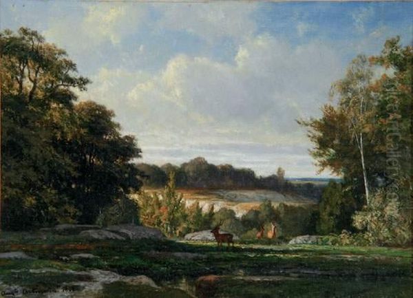  Cerfs Dans Une Clairiere, 1862  Oil Painting by Francois Auguste Ortmans