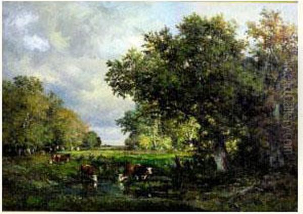 Paysage Aux Vaches Pres De La Mare Oil Painting by Francois Auguste Ortmans