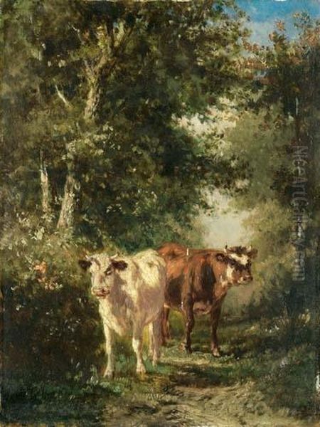 Zwei Kuhe Auf Einem Waldweg. Oil Painting by Francois Auguste Ortmans