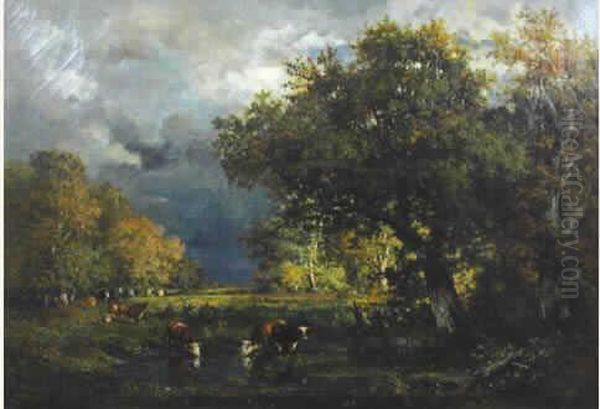 Vaches A La Mare Dans La Foret De Fontainebleau. Oil Painting by Francois Auguste Ortmans