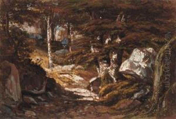 Signed And Dated 'augt. 
Ortmans.1872.' And With Inscription 'foretde Fontainebleau' On The 
Backing Oil Painting by Francois Auguste Ortmans