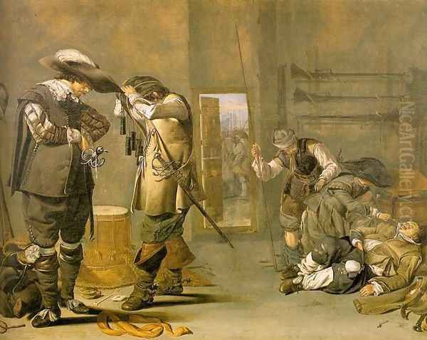 Soldiers Arming Themselves 1630s Oil Painting by Jacob Duck