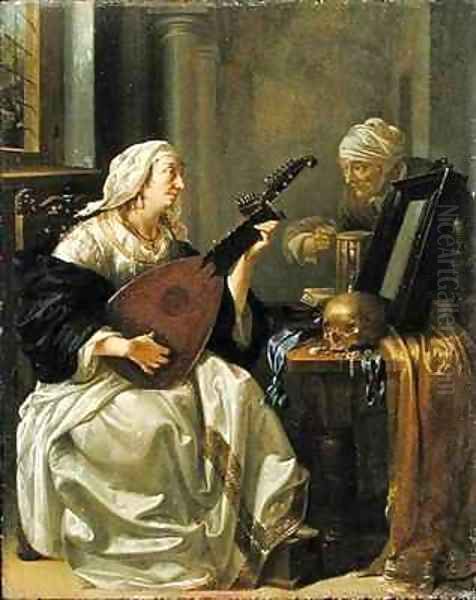 Woman with Theorbo Vanitas Oil Painting by Jacob Duck