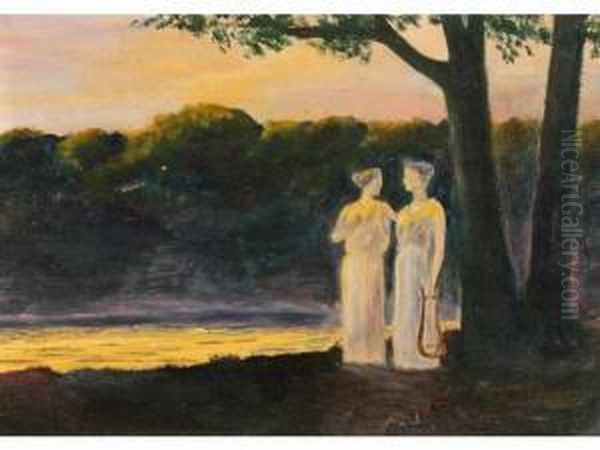 Deux Jeunes Femmes Sur Le Bord D
 Un Etang Huile Sur Papier. 17 X 25 Cm Expert : M. Frederick Chanoit Oil Painting by Alphonse Osbert