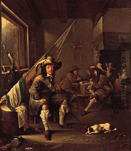 An ensign seated by a barrel in a guardroom, officers playing at cards by a chimney beyond Oil Painting by Jacob Duck