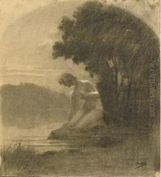 Un Paysage Avec Une Femme Nue Agenouillee Au Bord D'un Lac Oil Painting by Alphonse Osbert