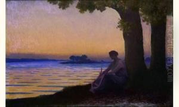 Jeune Femme A La Lyre Au Soleil Couchant Oil Painting by Alphonse Osbert