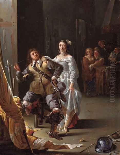 A Kortegaardje a woman flirting with an ensign in an inn Oil Painting by Jacob Duck