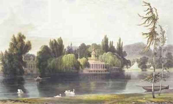 View of Virginia Water with Garden Temples Oil Painting by William Daniell RA