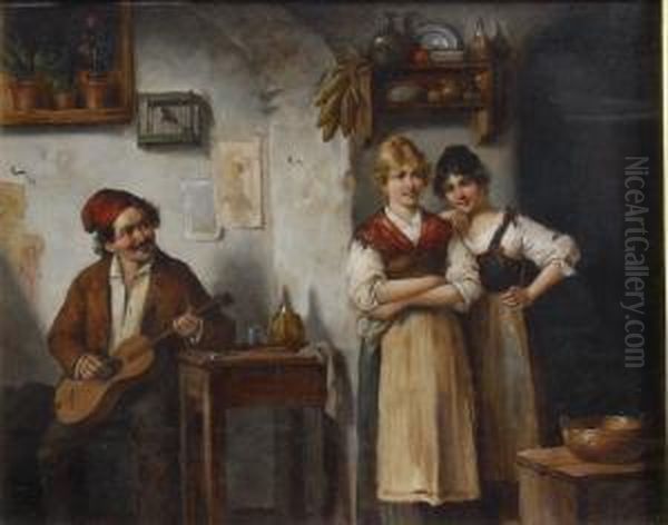 Motiv Av Genrescen Fran Vardshusmiljo Med Musikant Och Tva Unga Kvinnor. Oil Painting by Carl Ostersetzer