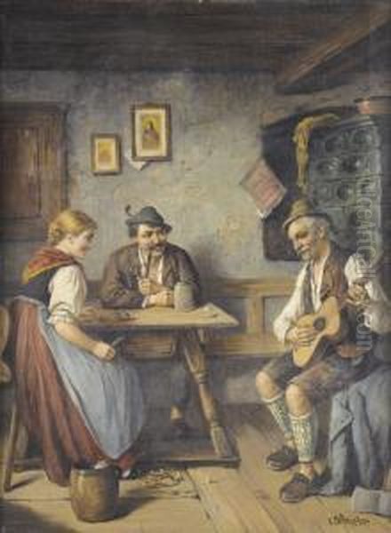 Bauernpaar Mit Musikant In Interieur Oil Painting by Carl Ostersetzer