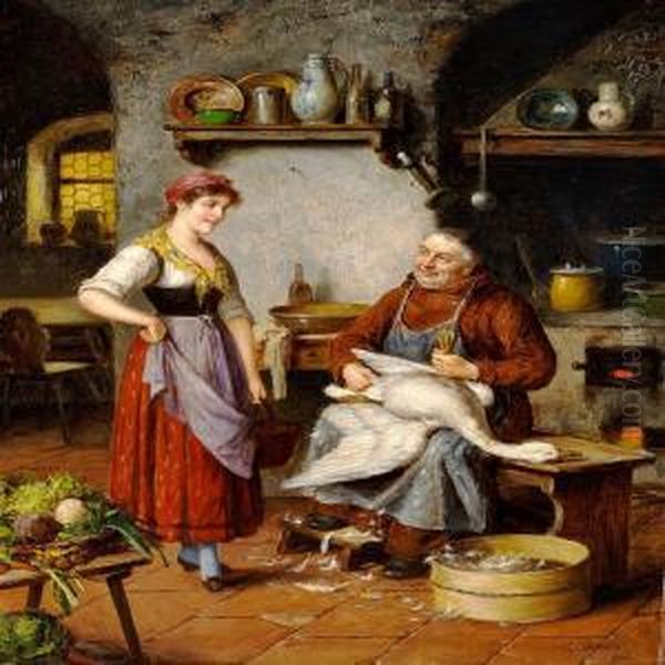 A Monk Is Plucking A Swan In The Cloister's Kitchen Oil Painting by Carl Ostersetzer