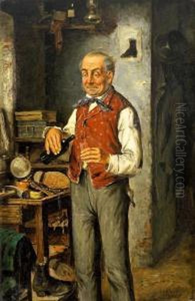 Schuster In Seiner Werkstatt Genehmigt Sich Einen Schoppen Oil Painting by Carl Ostersetzer