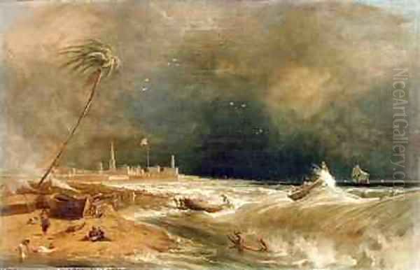 Madras or Fort St George in the Bay of Bengal A Squall Passing Off Oil Painting by William Daniell RA