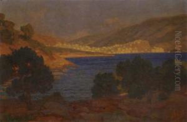 Sunset At Poros Oil Painting by Nicholaos Othoneos