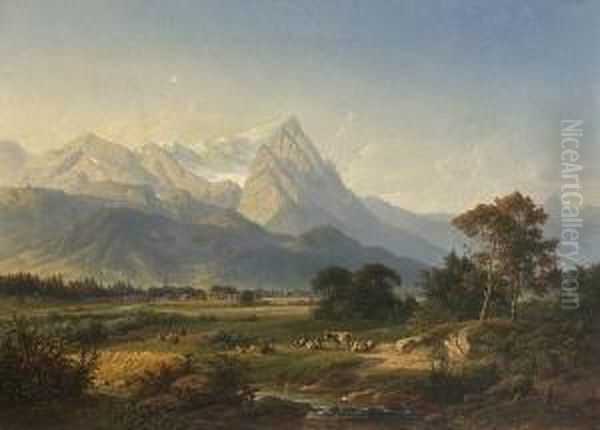 Blick Auf Partenkirchen Mit
 Zugspitze. Oil Painting by Johann Nepomuk Ott