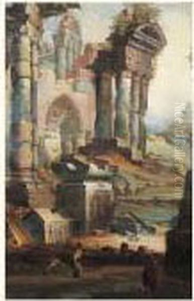 Paysage De Ruines Architecturales Anime De Personnages Oil Painting by Gaetano Ottani