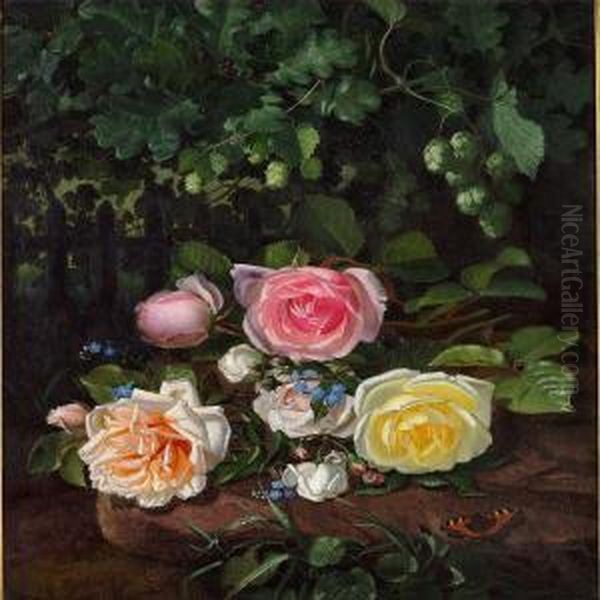 Roses And Hop Branches Oil Painting by Otto Didrik Ottesen