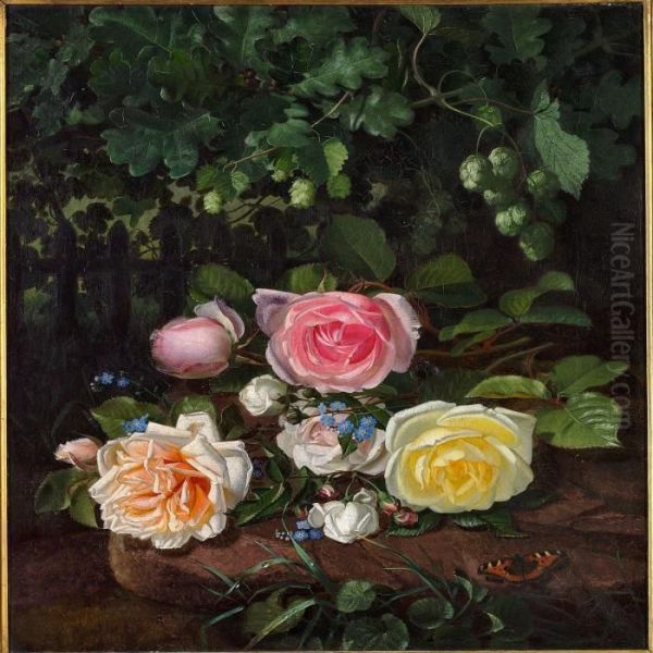 Roses And And Hop Branches Oil Painting by Otto Didrik Ottesen