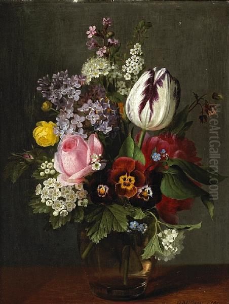 A Still Life With A Rose, A Tulip, Pansies And Other Flowers In A Glass Vase Oil Painting by Otto Didrik Ottesen