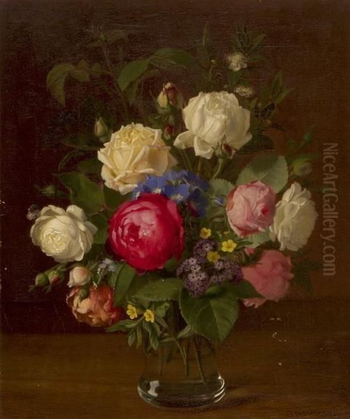 Buntes Rosenbouquet In Einer Glasvase Oil Painting by Otto Didrik Ottesen