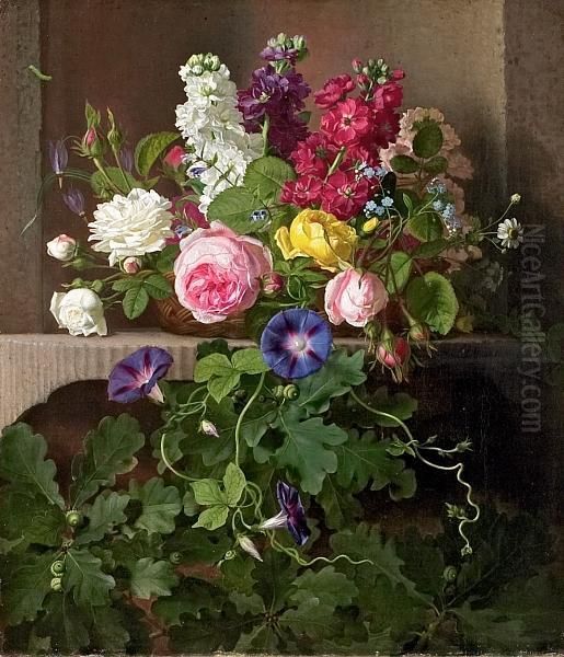 Still Life With Flowers In A Basket Oil Painting by Otto Didrik Ottesen