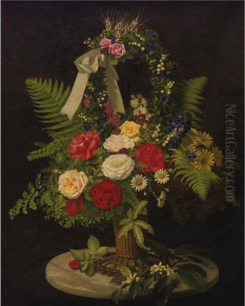 Still Life With Flowers In A Basket Oil Painting by Otto Didrik Ottesen