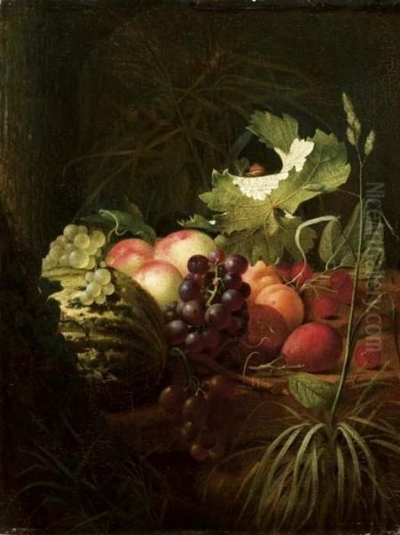 Natura Morta Con Uva, Melone, 
Pesche, Mele, Susine, Ciliegie E Chiocciola Su Foglia D'uva Oil Painting by Otto Didrik Ottesen