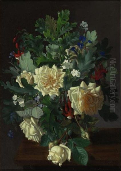 A Still Life With Yellow Roses And Freesia Oil Painting by Otto Didrik Ottesen