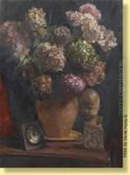 Vase Fleuri D'hortensias Oil Painting by Henri Ottevaere