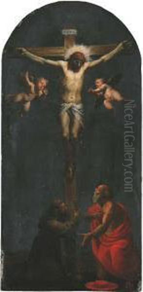 Christ On The Cross With Saint Francis Of Assisi And Saint Jerome Oil Painting by Pasquale Ottino