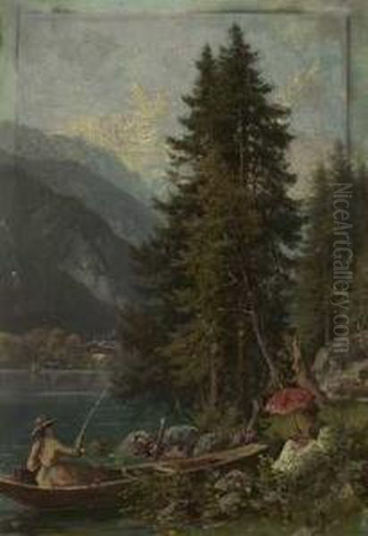 Junge Anglerin Am Ufer Eines Sommerlichen Gebirgssees Oil Painting by Ruppert Otto Von