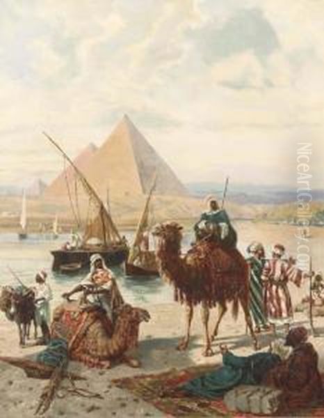 Nomads Resting By The River With Pyramids Beyond Oil Painting by Ruppert Otto Von