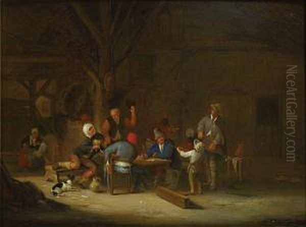 'a Barn Interior With Peasants Drinking, Smoking And Making Music'. Oil Painting by Ferdinand de Braekeleer