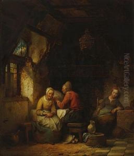 Peasants In An Interior Oil Painting by Ferdinand de Braekeleer