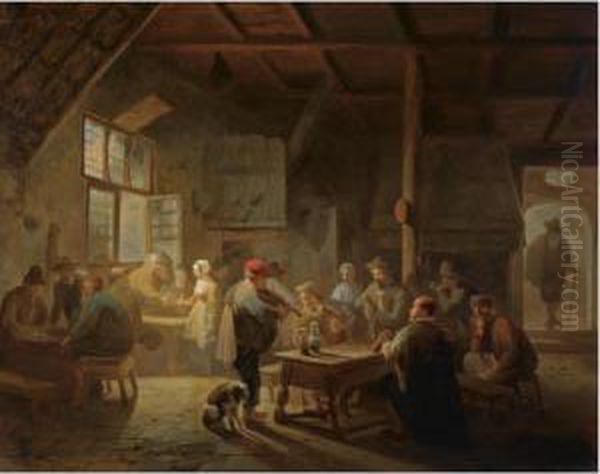 A Busy Tavern Oil Painting by Ferdinand de Braekeleer