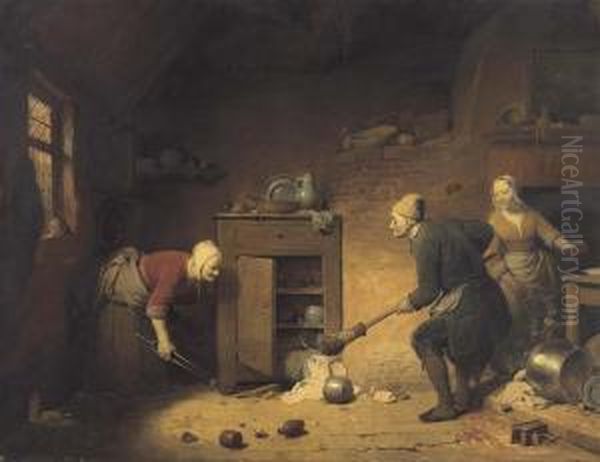 Mouse Hunting The Kitchen. Oil Painting by Ferdinand de Braekeleer