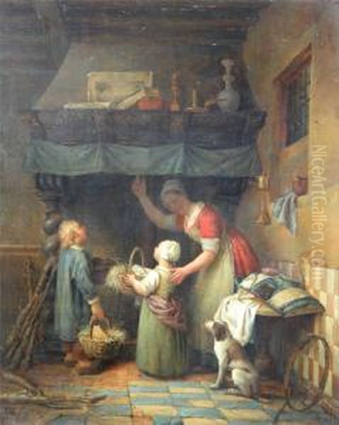 Mere Et Enfants Pres Du Feu Ouvert. Oil Painting by Ferdinand de Braekeleer