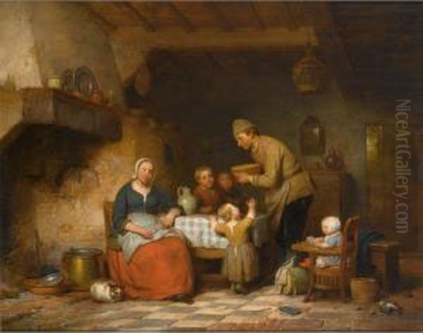 A Peasant Family Gathered Around The Kitchen Table Oil Painting by Ferdinand de Braekeleer