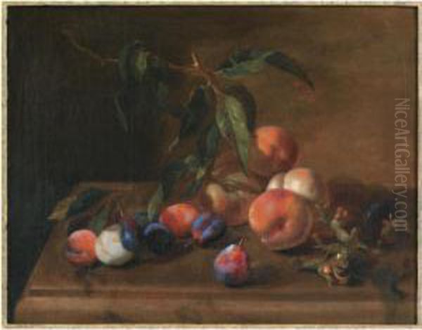 A Still Life With Peaches, Plums And Hazelnuts On A Wooden Table Oil Painting by Jacques Charles Oudry