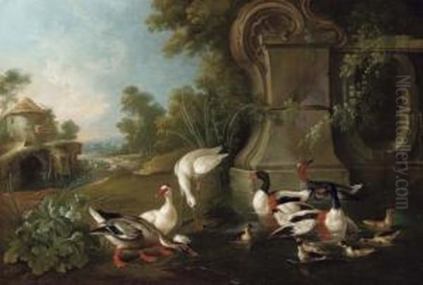 Fontana Con Anatre, Anatroccoli e Altri Volatili In Un Paesaggio Oil Painting by Jacques Charles Oudry