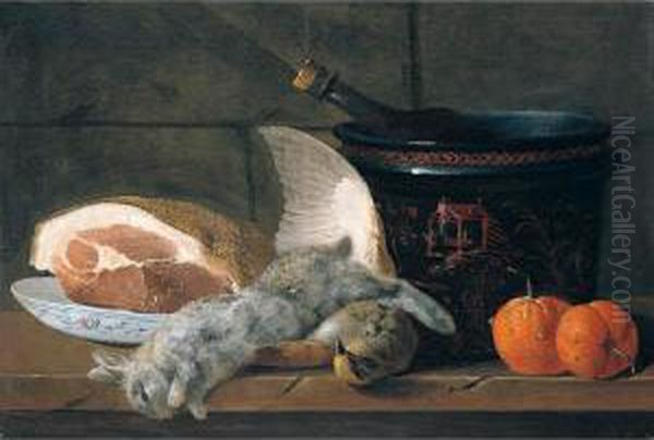 Still Life With A Ham, A 
Porcelain Bowl, A Chinoiserie Pot, Two Oranges, A Rabbit And A 
Partridge, Together On A Wooden Table Oil Painting by Jacques Charles Oudry